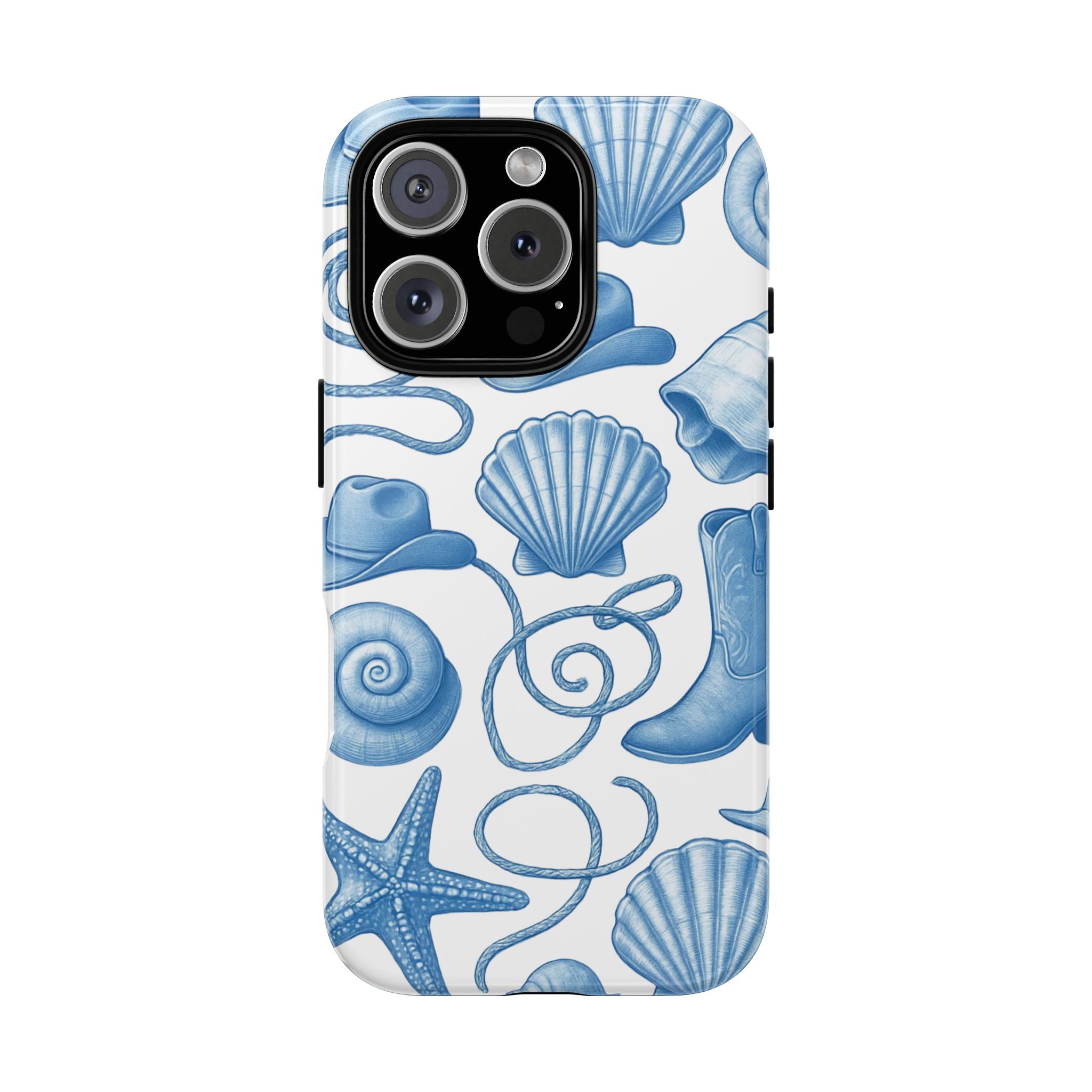 Blue Coastal Cowgirl Phone Case – Seashells, Boots & Beach Vibes