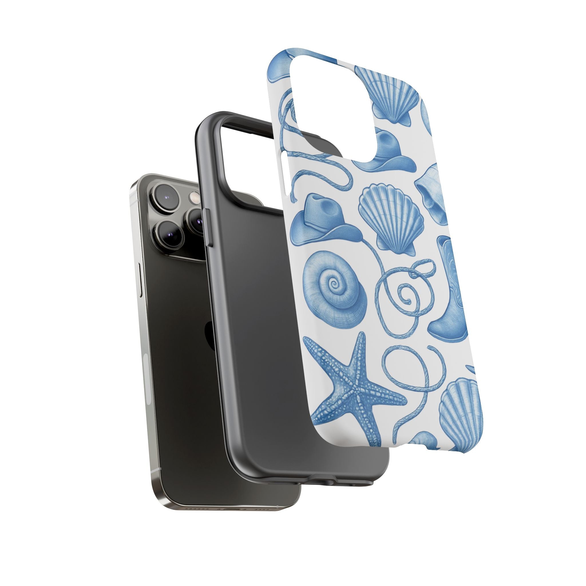 Blue Coastal Cowgirl Phone Case – Seashells, Boots & Beach Vibes