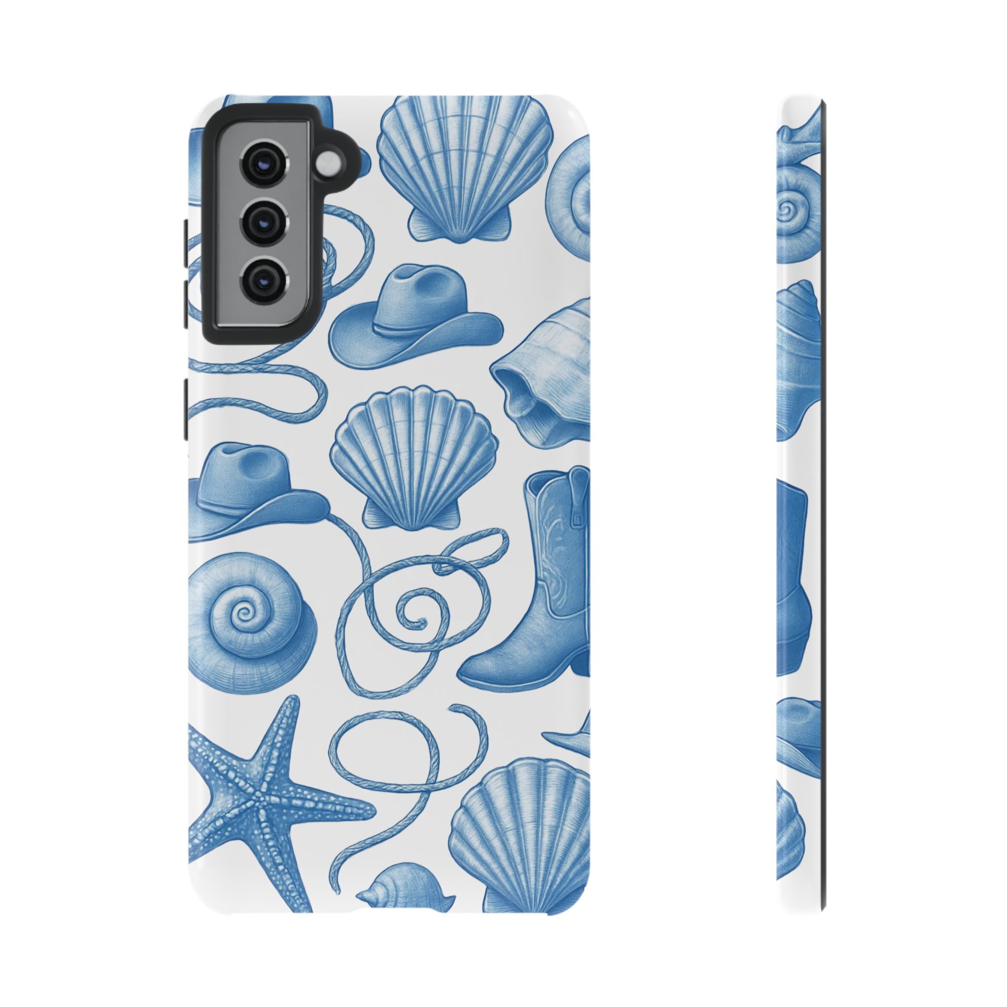 Blue Coastal Cowgirl Phone Case – Seashells, Boots & Beach Vibes