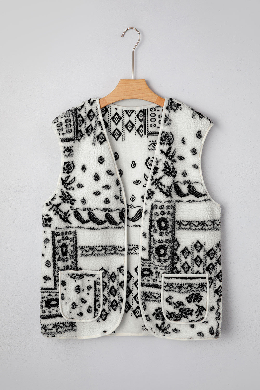 Brown Sherpa Paisley Print Pocketed Western Fashion Vest Jacket