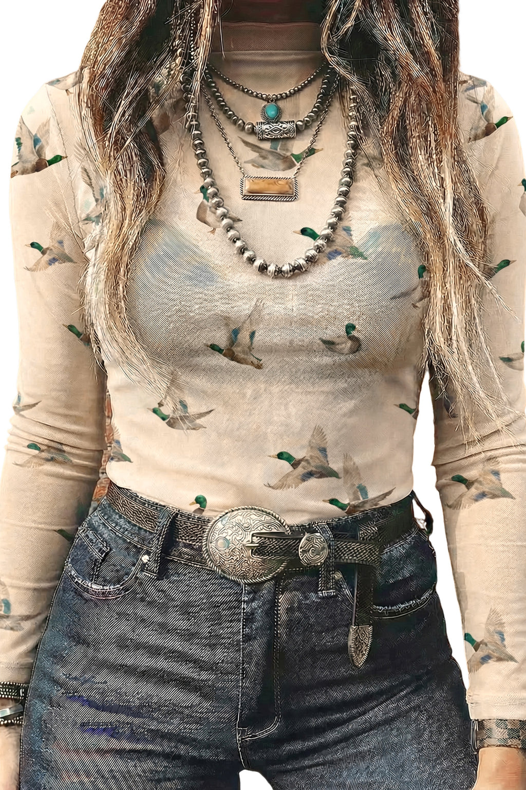 Beige High Neck Western Print Mesh Sheer Long Sleeve Top