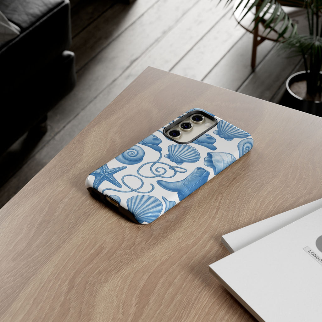 Blue Coastal Cowgirl Phone Case – Seashells, Boots & Beach Vibes