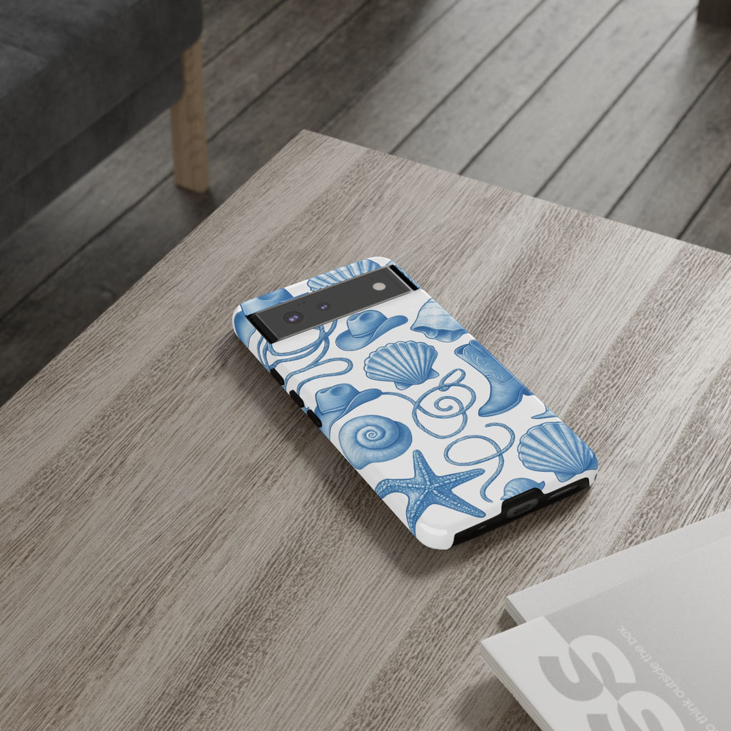 Blue Coastal Cowgirl Phone Case – Seashells, Boots & Beach Vibes