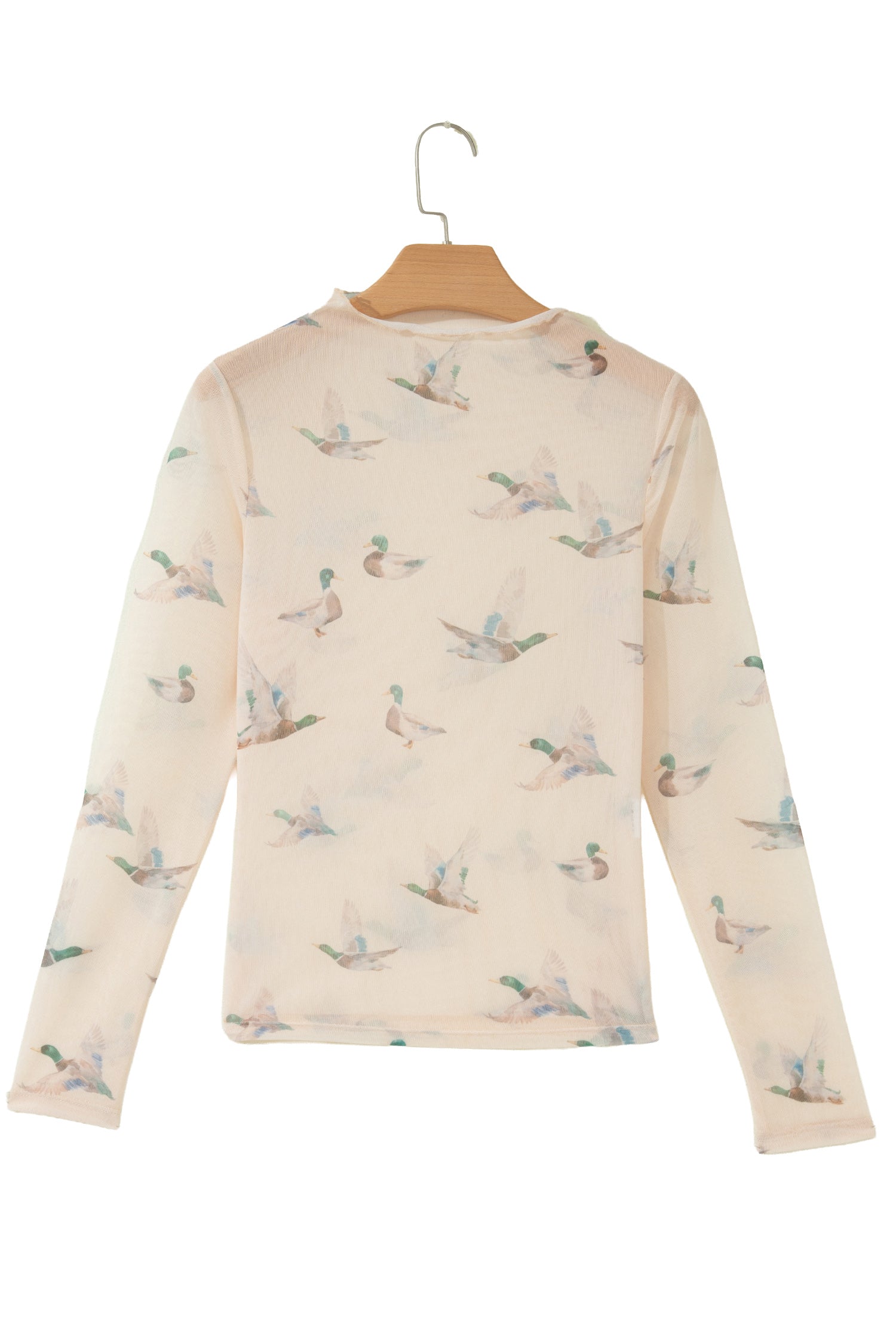Beige High Neck Western Print Mesh Sheer Long Sleeve Top