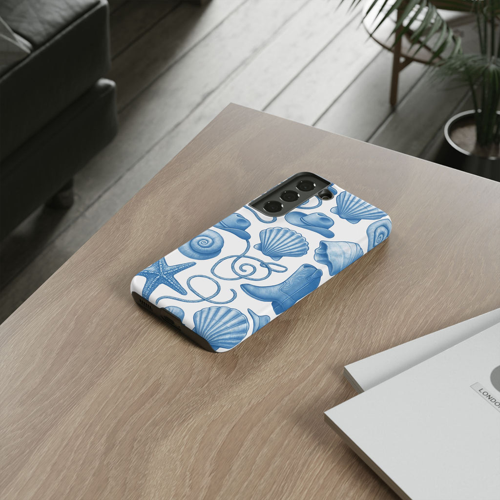 Blue Coastal Cowgirl Phone Case – Seashells, Boots & Beach Vibes