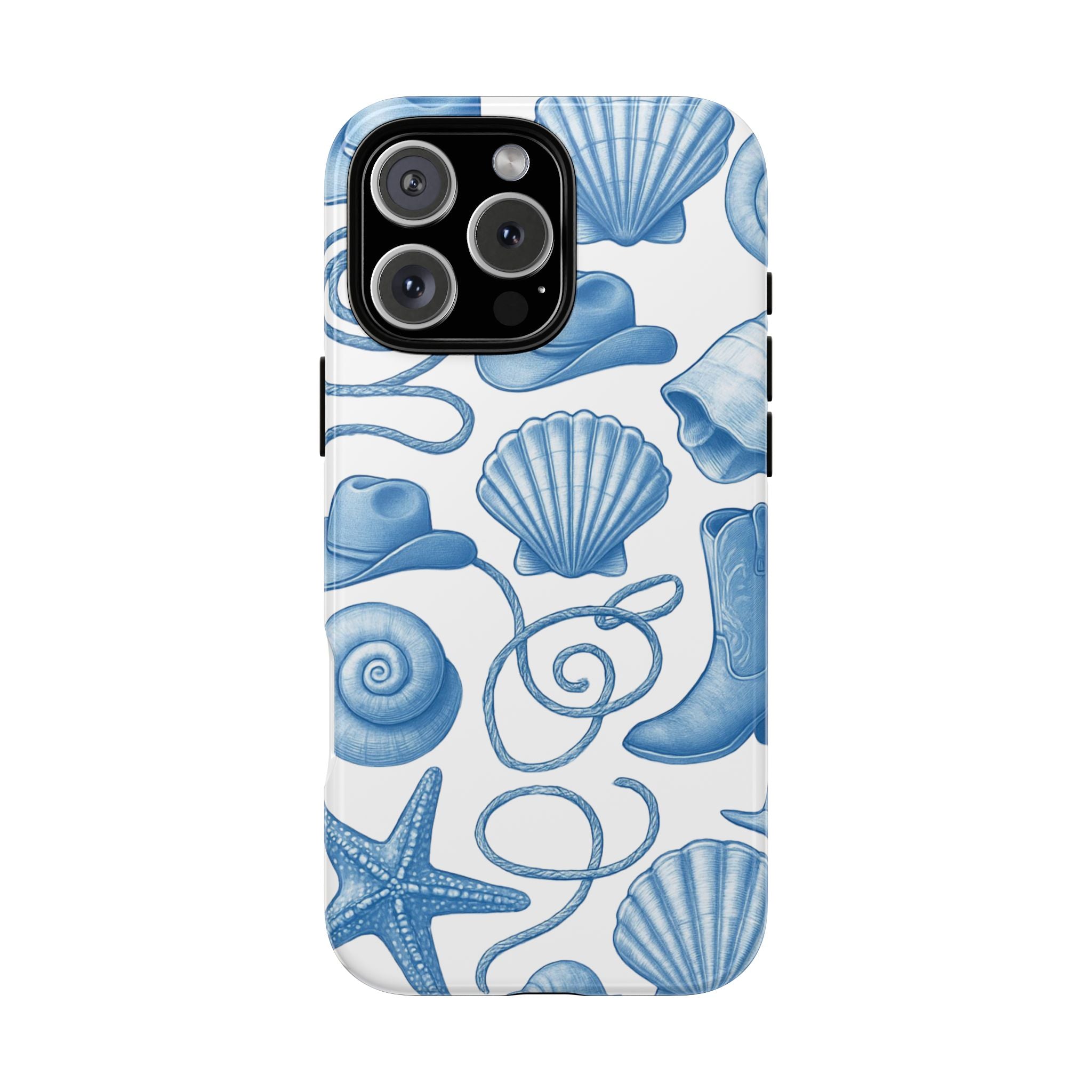 Blue Coastal Cowgirl Phone Case – Seashells, Boots & Beach Vibes