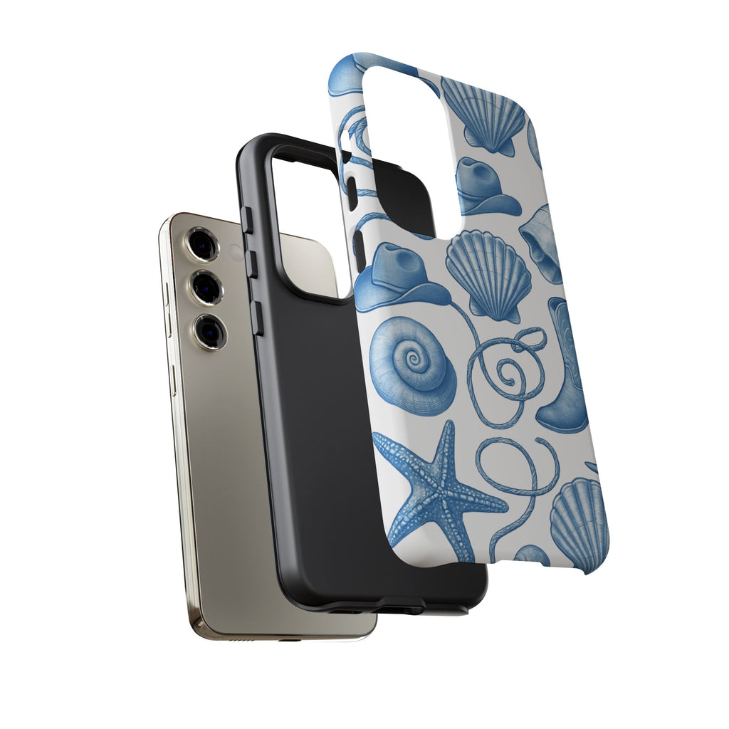 Blue Coastal Cowgirl Phone Case – Seashells, Boots & Beach Vibes