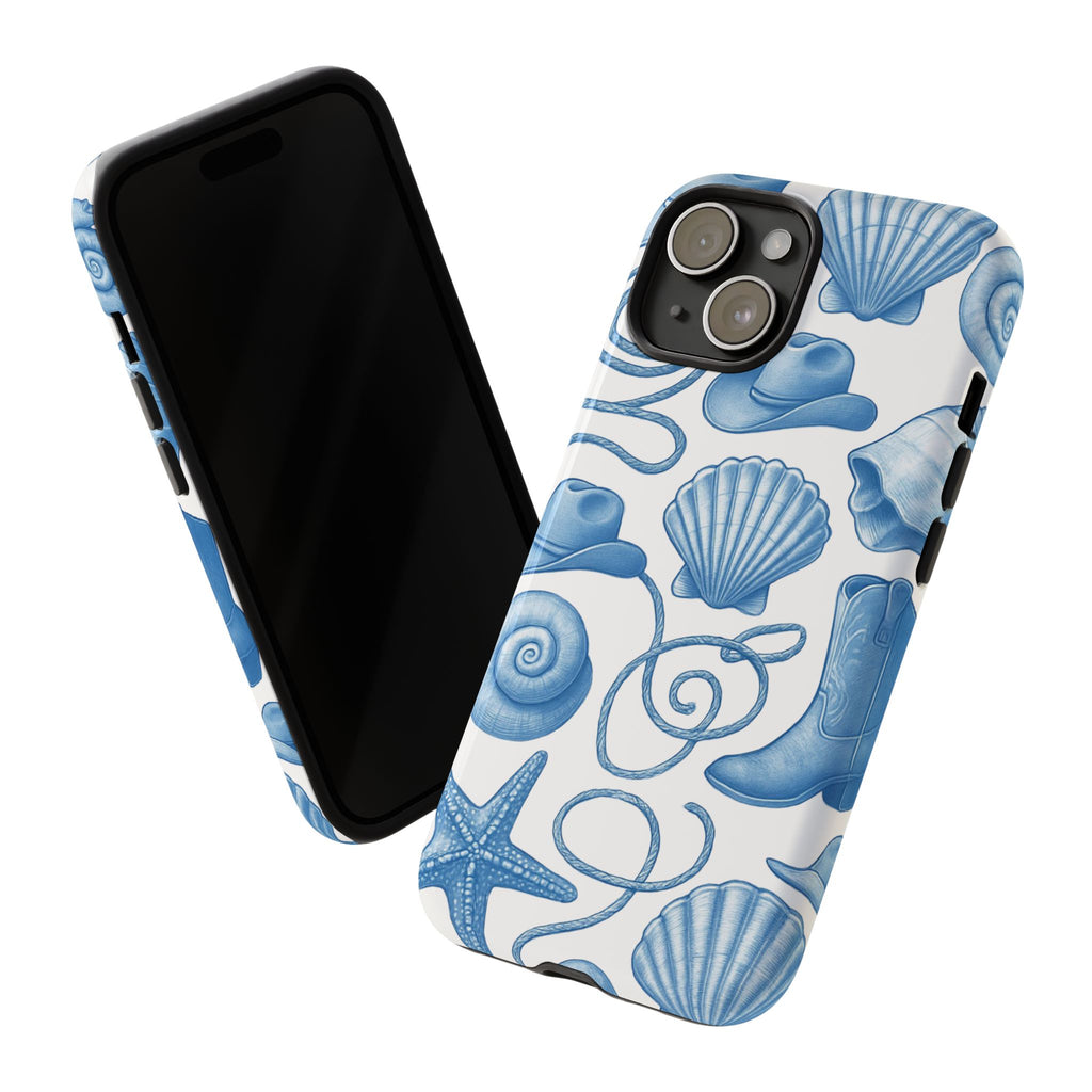 Blue Coastal Cowgirl Phone Case – Seashells, Boots & Beach Vibes