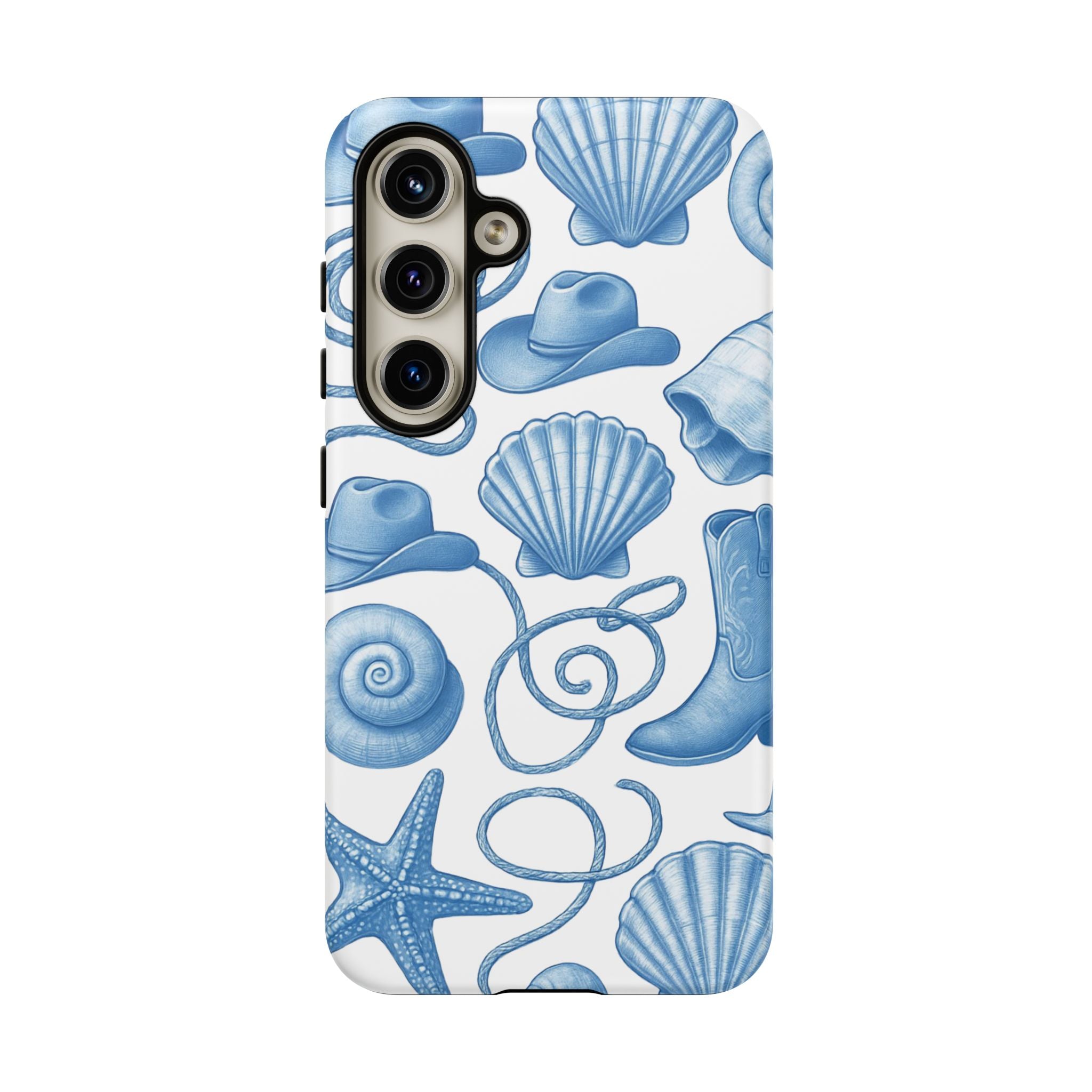 Blue Coastal Cowgirl Phone Case – Seashells, Boots & Beach Vibes