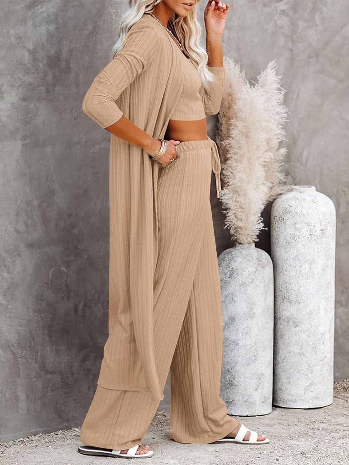 Womens 3 Piece Lounge Pajamas Sets Travel Outfits Vest Top Wide Leg Pants Long Cardigan Vacation Matching Sets
