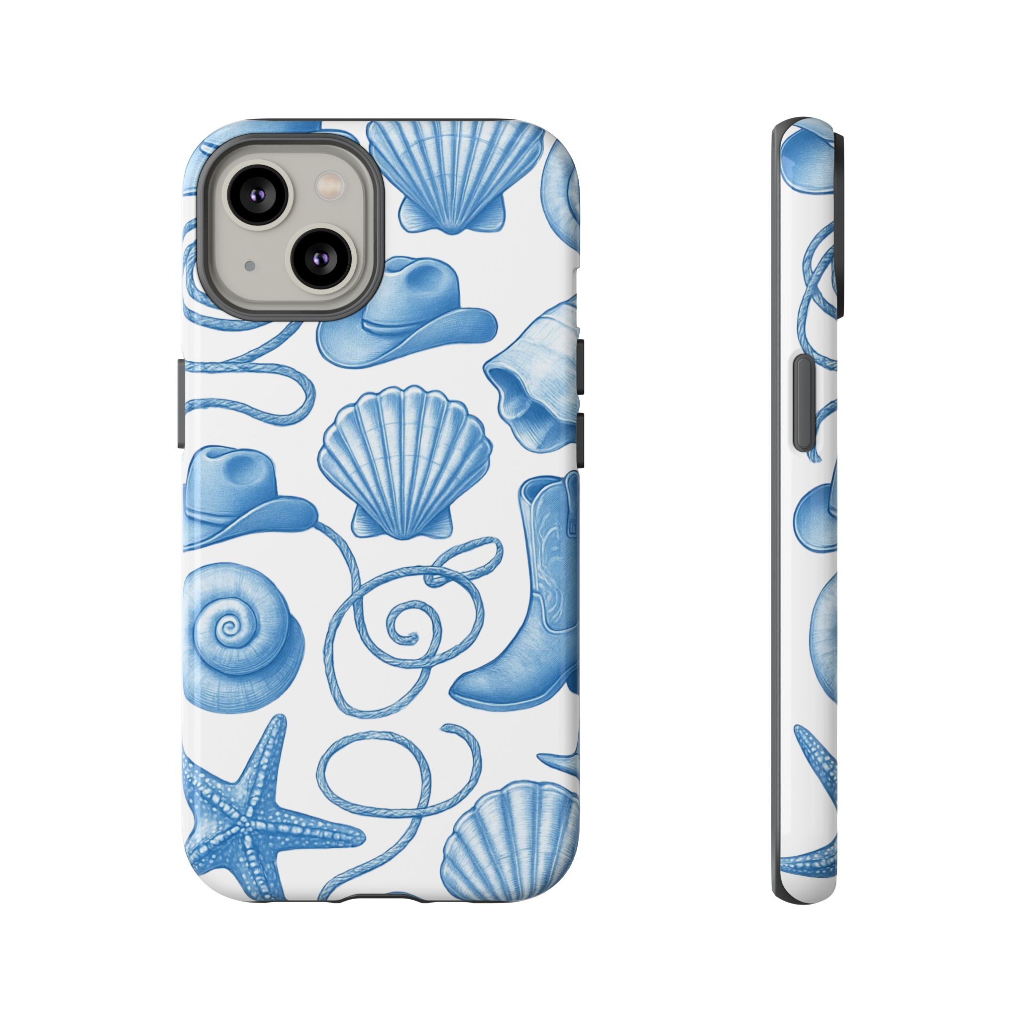 Blue Coastal Cowgirl Phone Case – Seashells, Boots & Beach Vibes