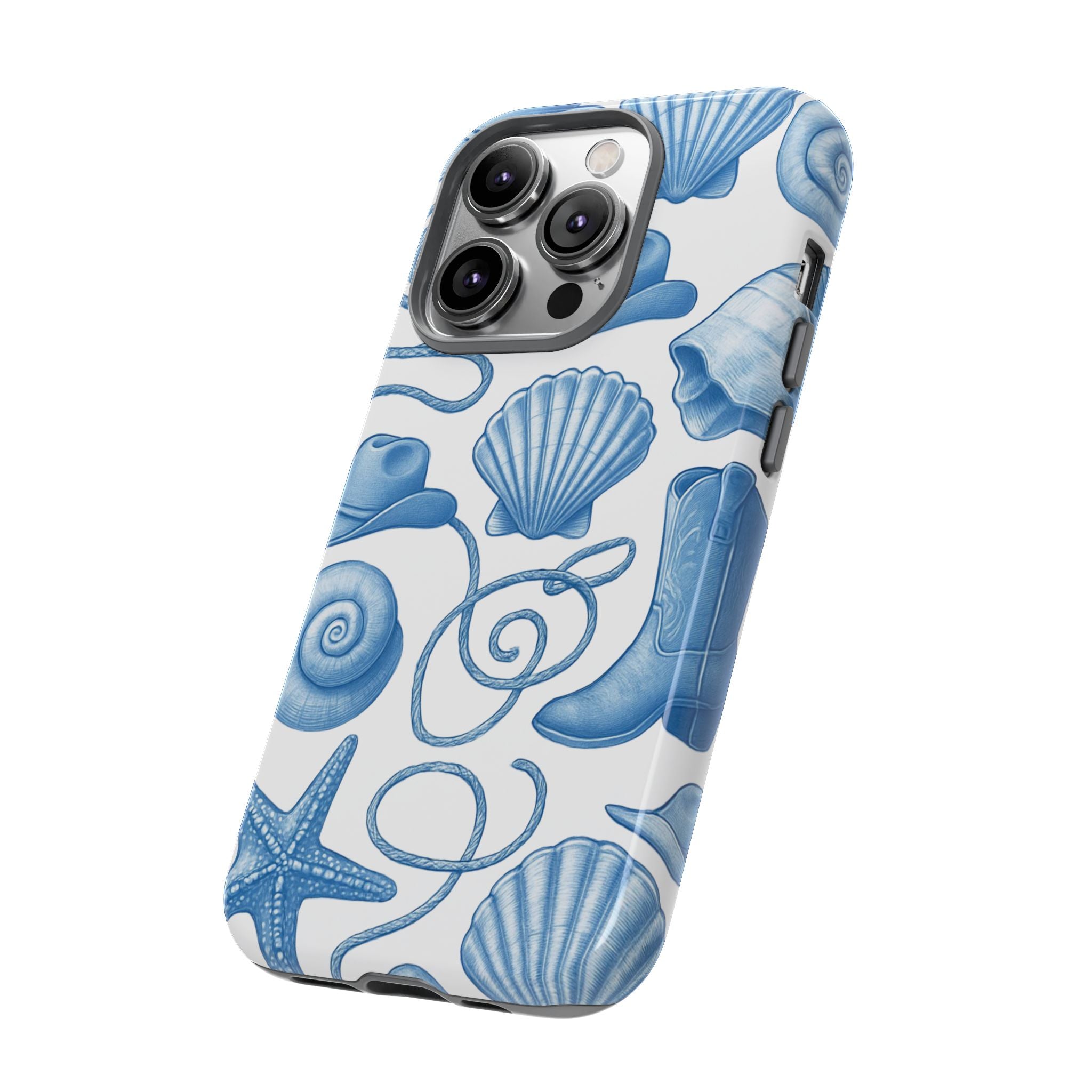 Blue Coastal Cowgirl Phone Case – Seashells, Boots & Beach Vibes