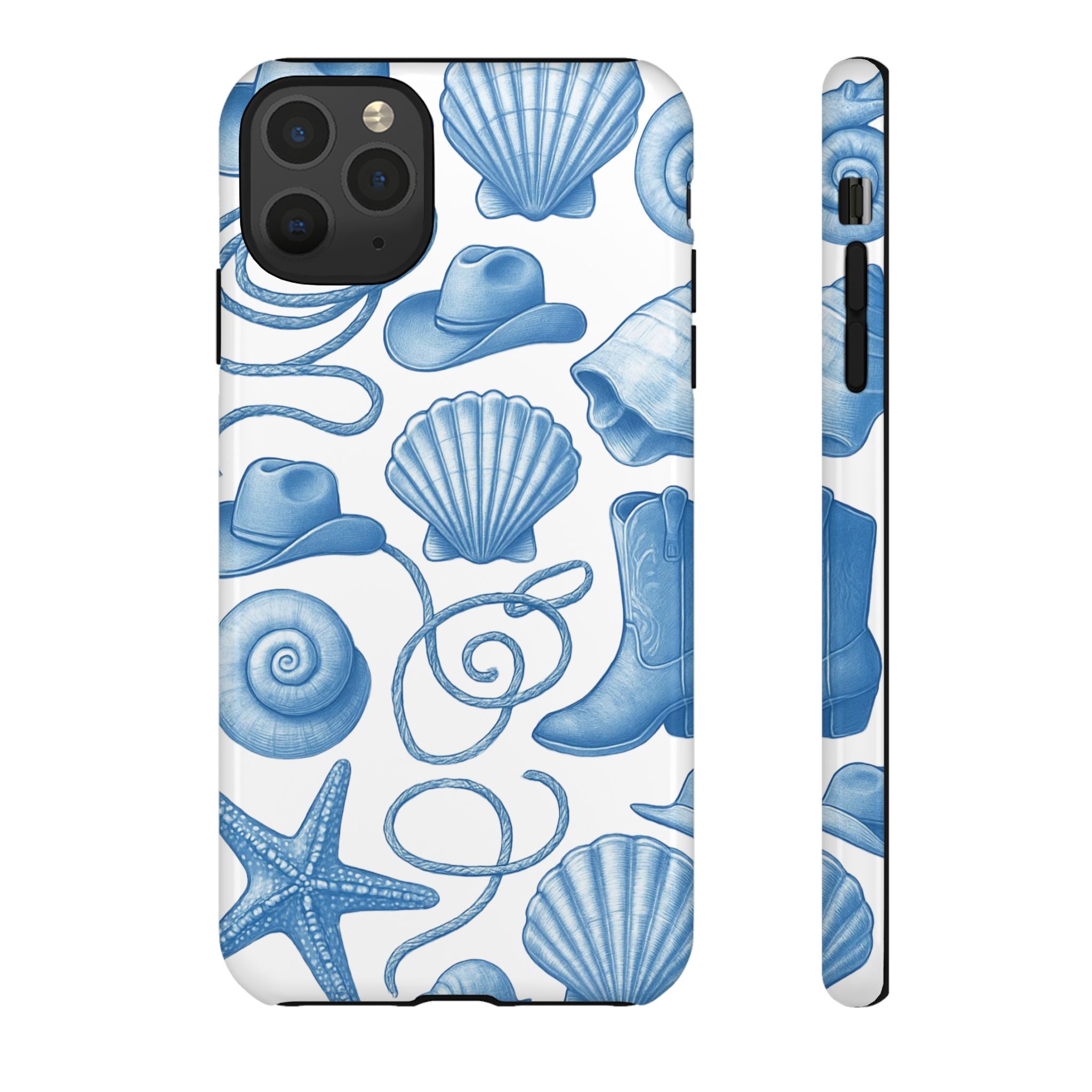 Blue Coastal Cowgirl Phone Case – Seashells, Boots & Beach Vibes