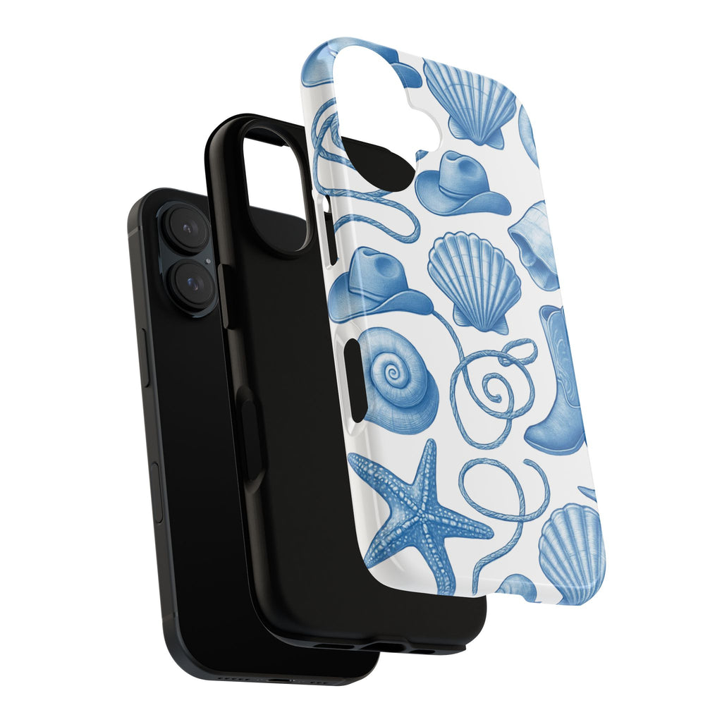 Blue Coastal Cowgirl Phone Case – Seashells, Boots & Beach Vibes