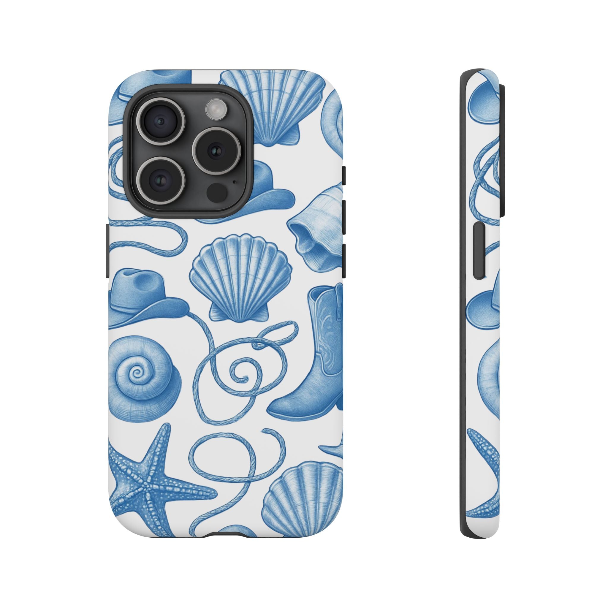 Blue Coastal Cowgirl Phone Case – Seashells, Boots & Beach Vibes