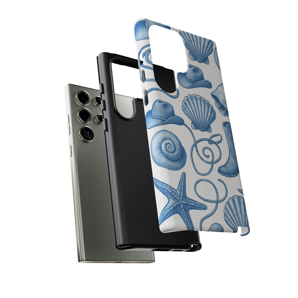 Blue Coastal Cowgirl Phone Case – Seashells, Boots & Beach Vibes