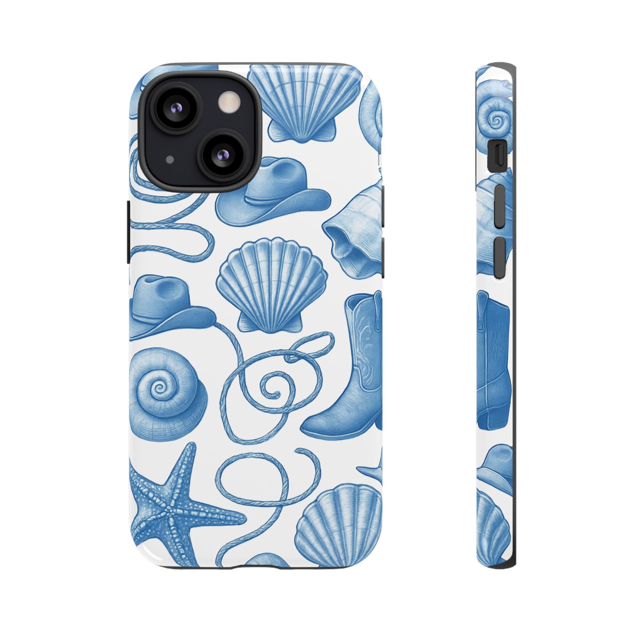 Blue Coastal Cowgirl Phone Case – Seashells, Boots & Beach Vibes