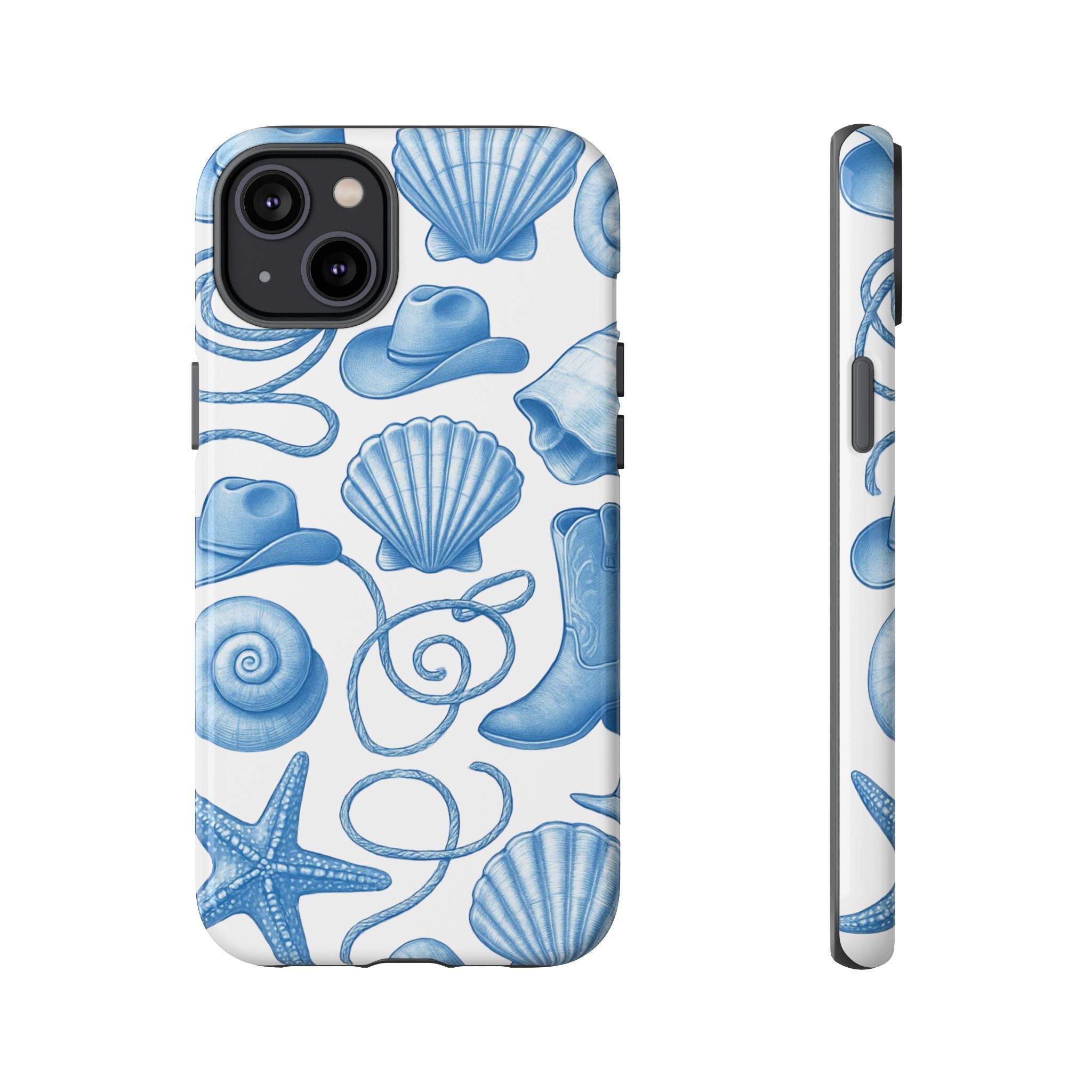 Blue Coastal Cowgirl Phone Case – Seashells, Boots & Beach Vibes