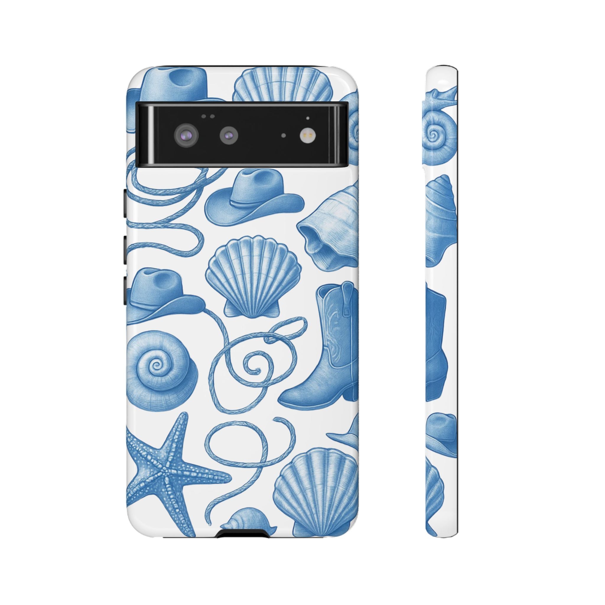 Blue Coastal Cowgirl Phone Case – Seashells, Boots & Beach Vibes