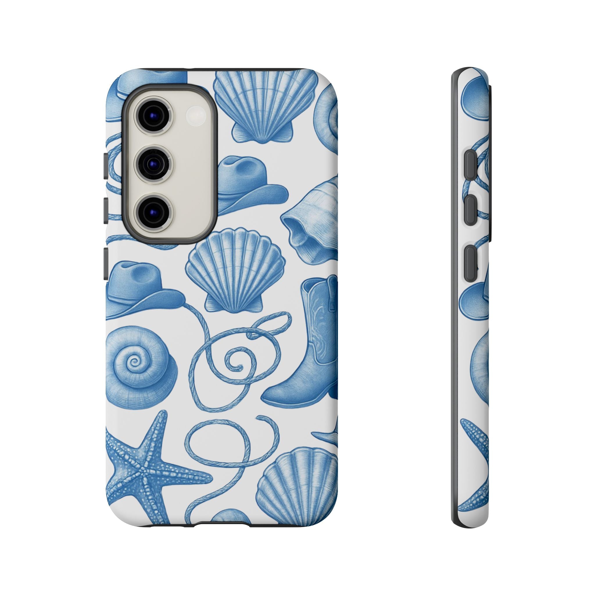 Blue Coastal Cowgirl Phone Case – Seashells, Boots & Beach Vibes