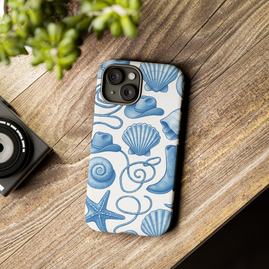 Blue Coastal Cowgirl Phone Case – Seashells, Boots & Beach Vibes