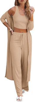 Womens 3 Piece Lounge Pajamas Sets Travel Outfits Vest Top Wide Leg Pants Long Cardigan Vacation Matching Sets