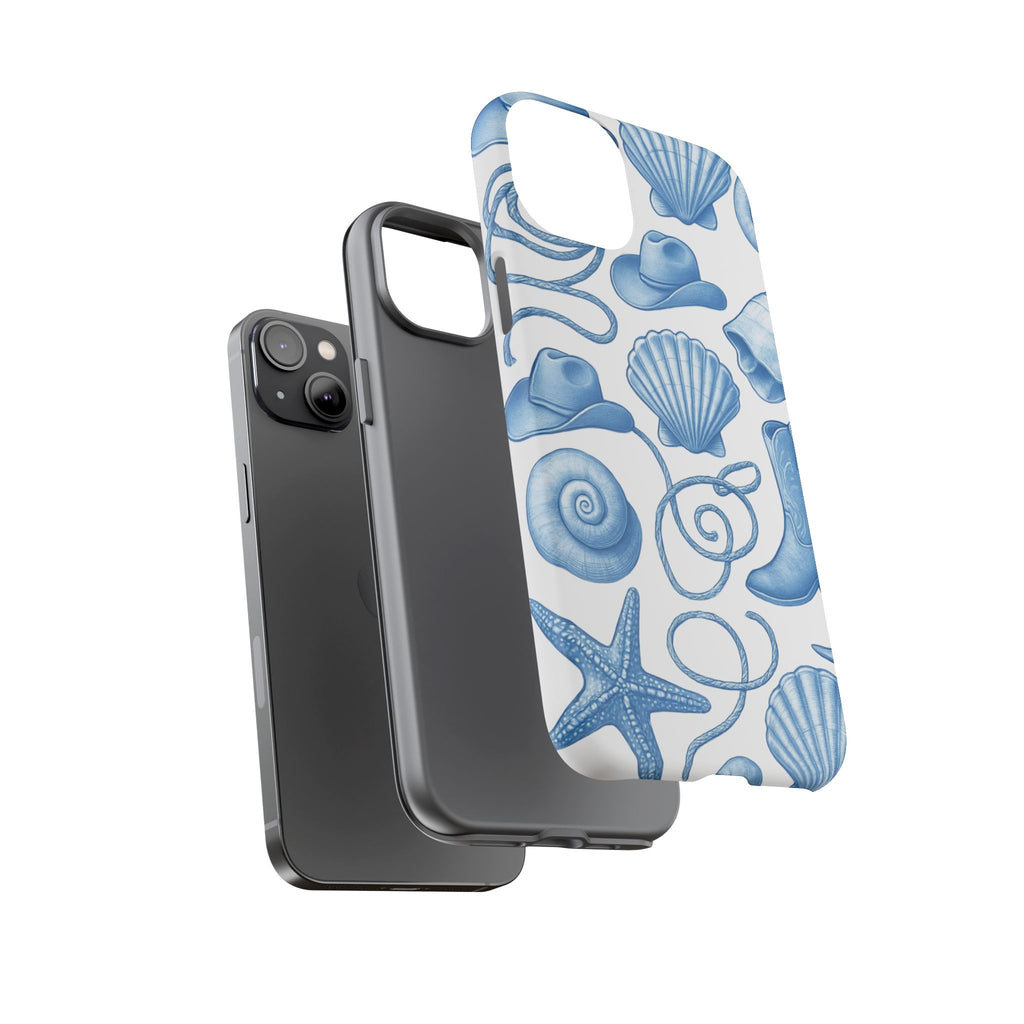 Blue Coastal Cowgirl Phone Case – Seashells, Boots & Beach Vibes