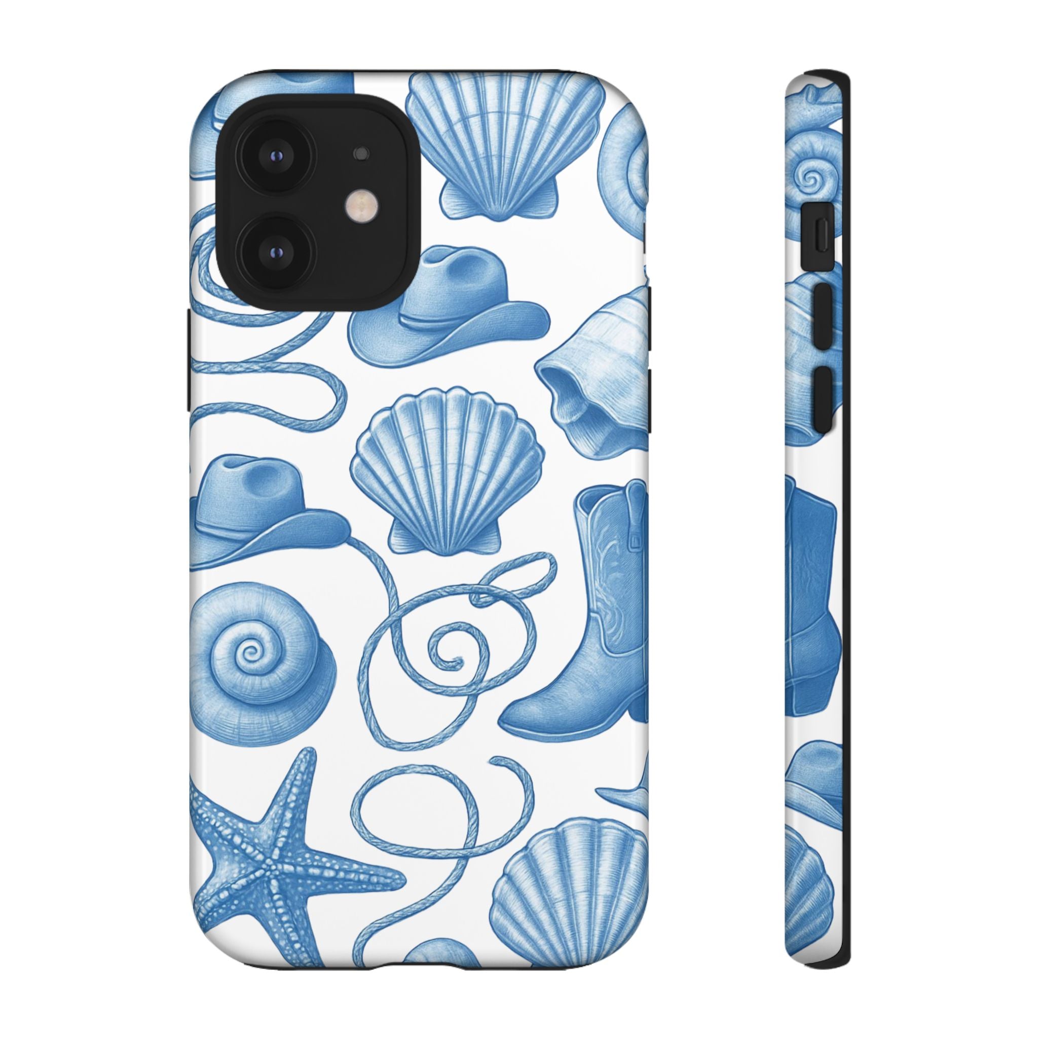 Blue Coastal Cowgirl Phone Case – Seashells, Boots & Beach Vibes