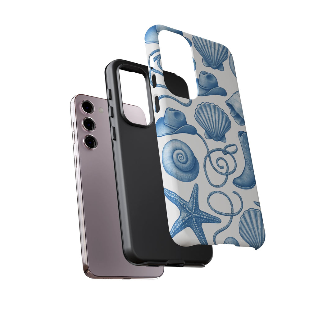 Blue Coastal Cowgirl Phone Case – Seashells, Boots & Beach Vibes