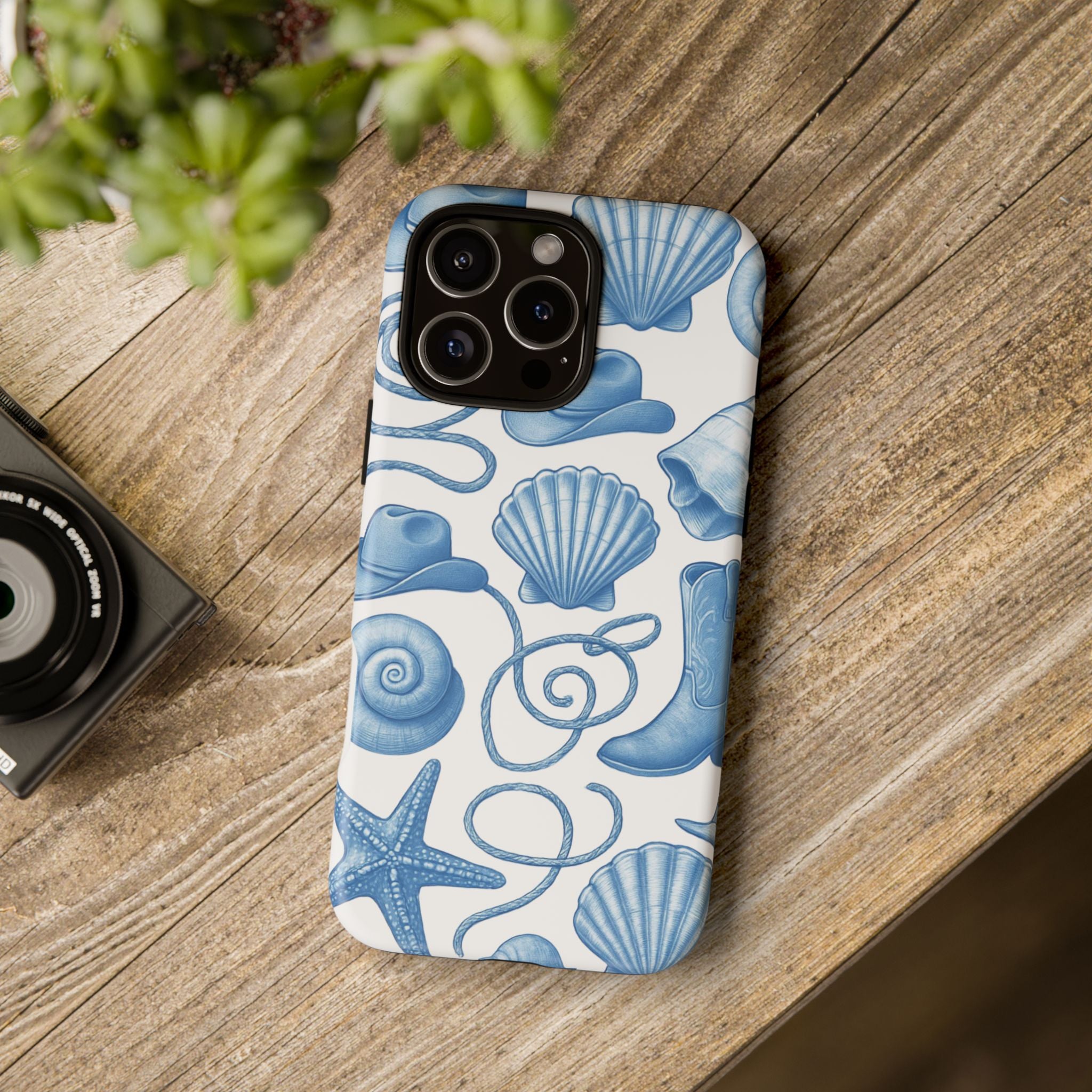 Blue Coastal Cowgirl Phone Case – Seashells, Boots & Beach Vibes
