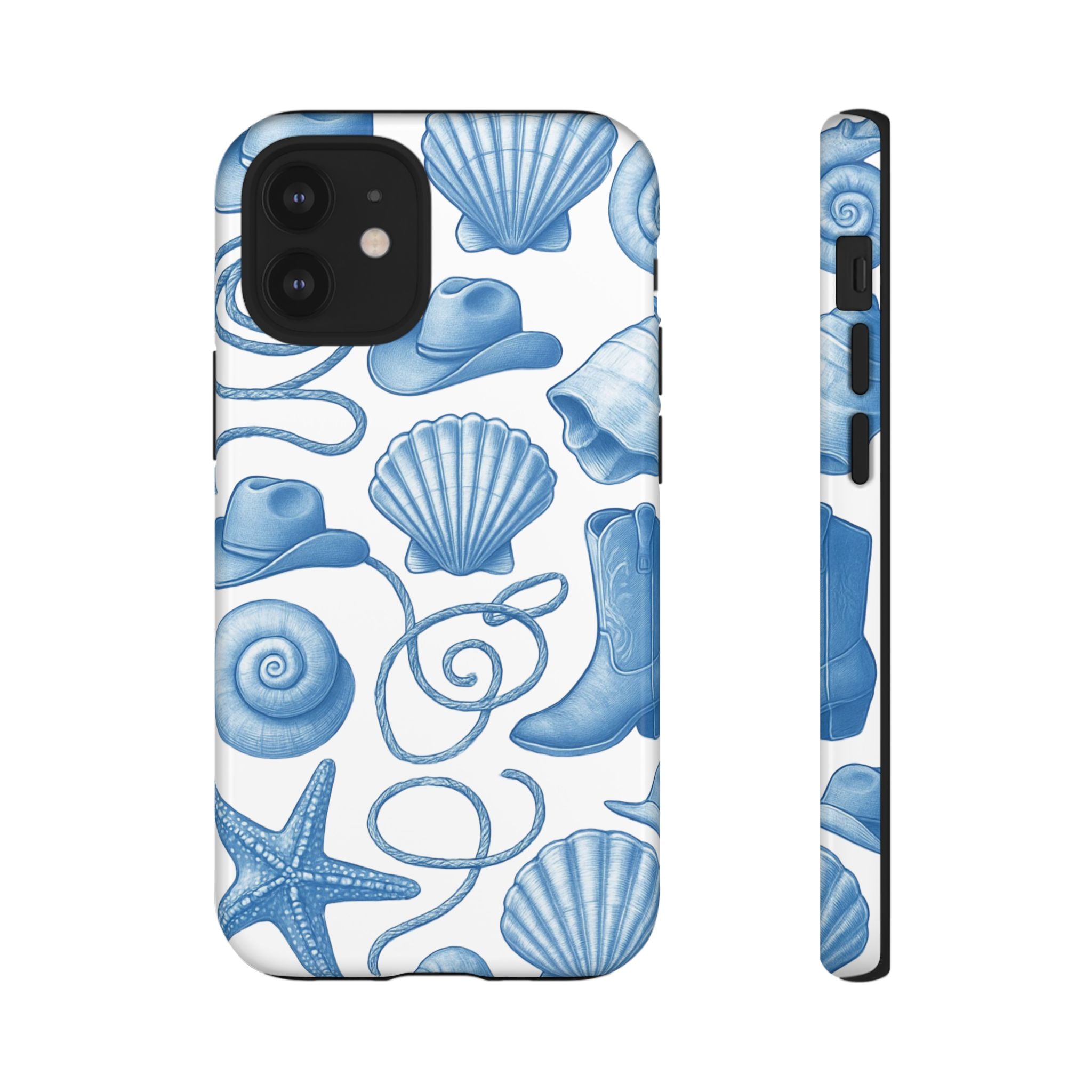 Blue Coastal Cowgirl Phone Case – Seashells, Boots & Beach Vibes
