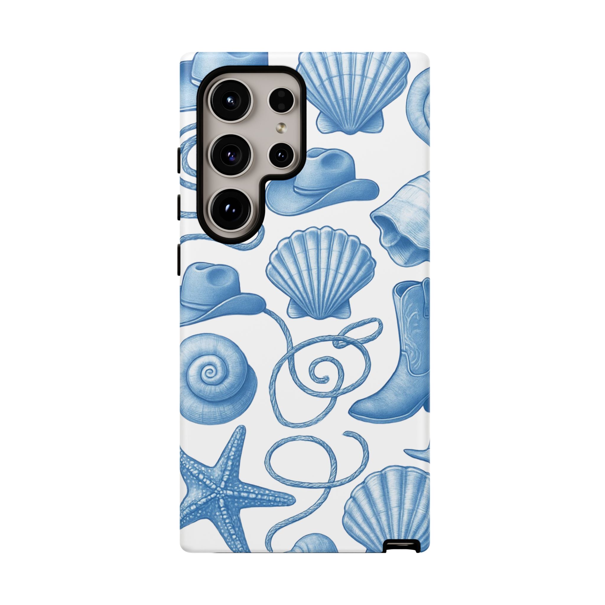 Blue Coastal Cowgirl Phone Case – Seashells, Boots & Beach Vibes