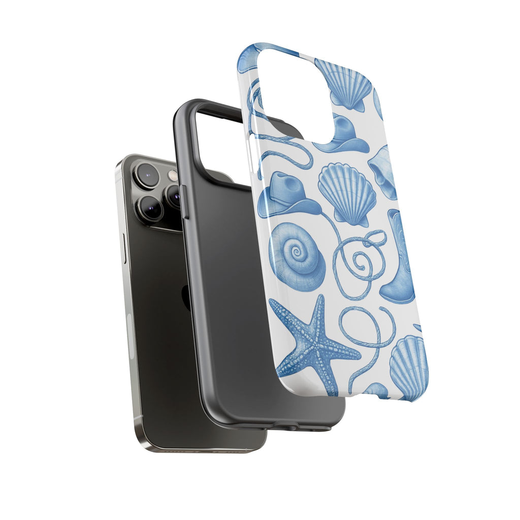Blue Coastal Cowgirl Phone Case – Seashells, Boots & Beach Vibes