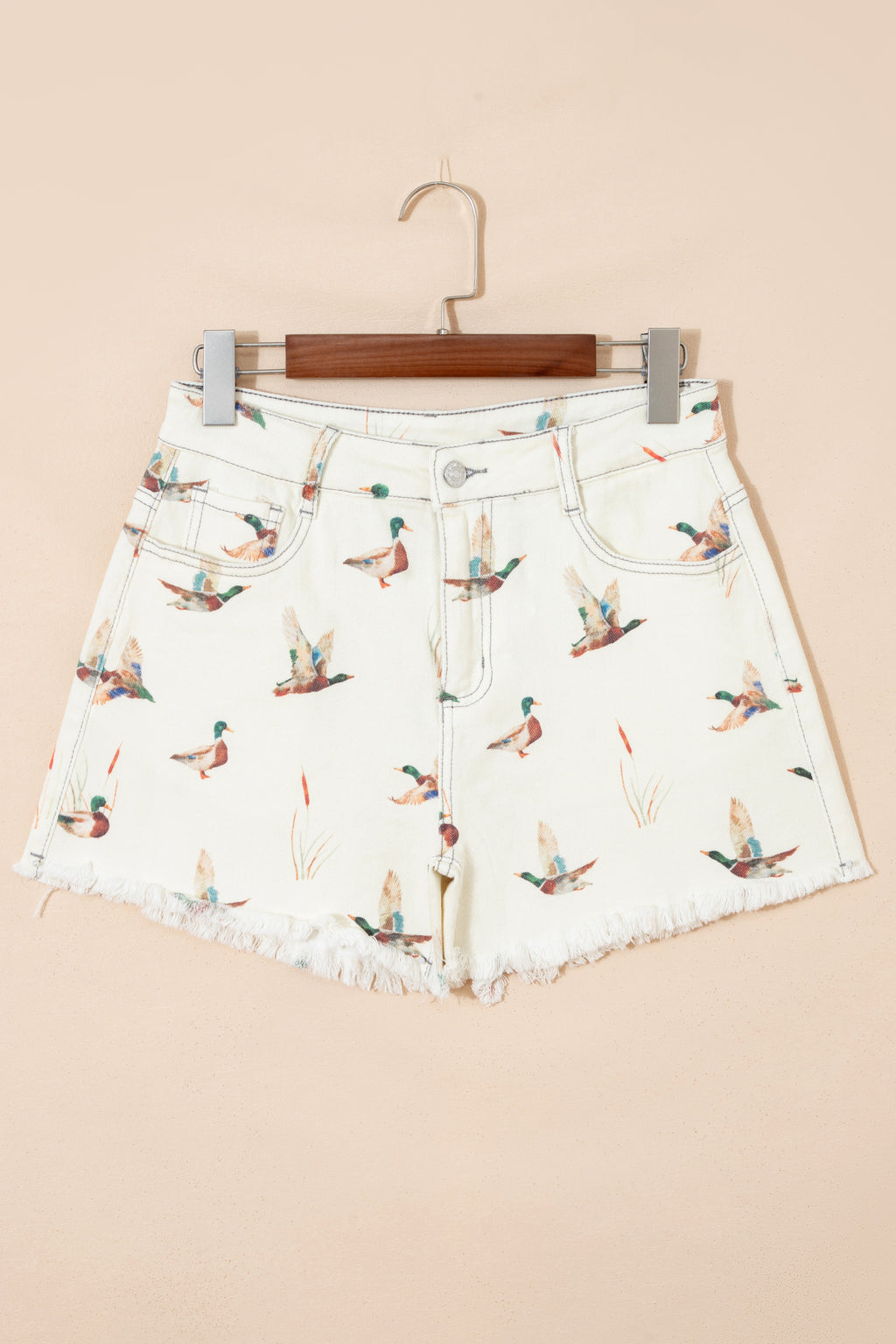 Beige Wild Duck Mallard High Waist Frayed Denim Shorts