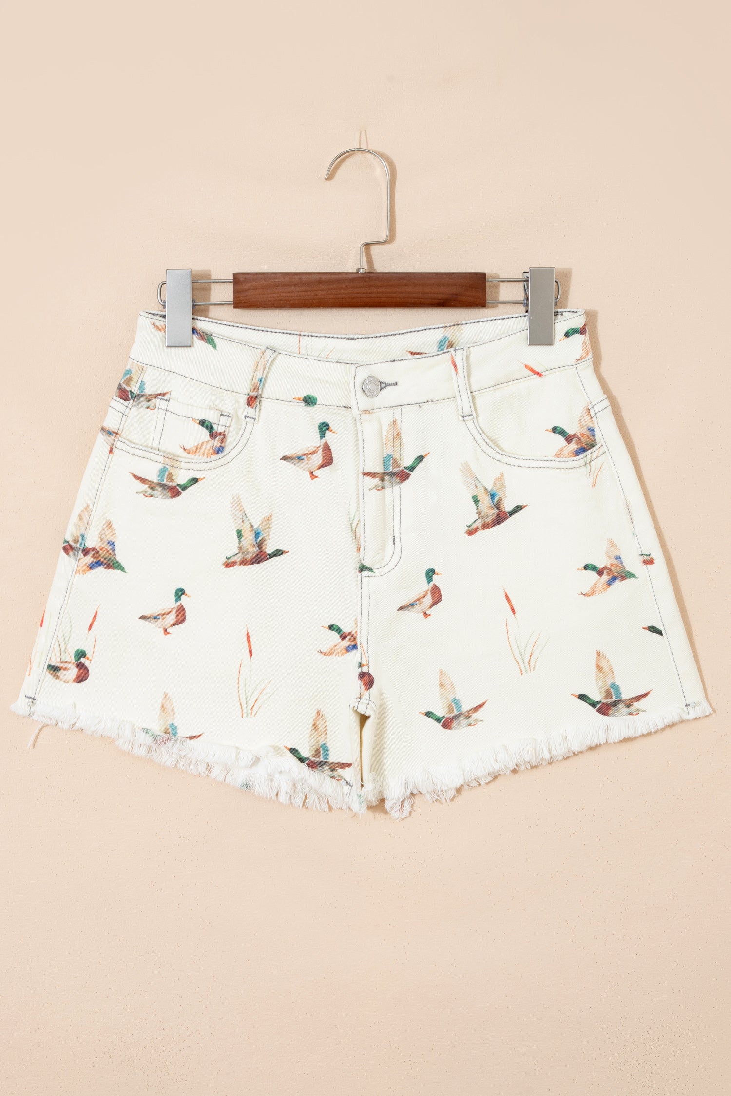 Beige Wild Duck Mallard High Waist Frayed Denim Shorts