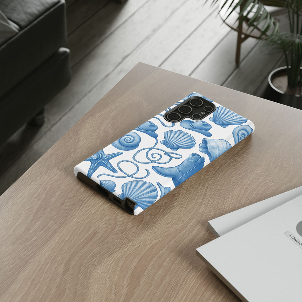 Blue Coastal Cowgirl Phone Case – Seashells, Boots & Beach Vibes