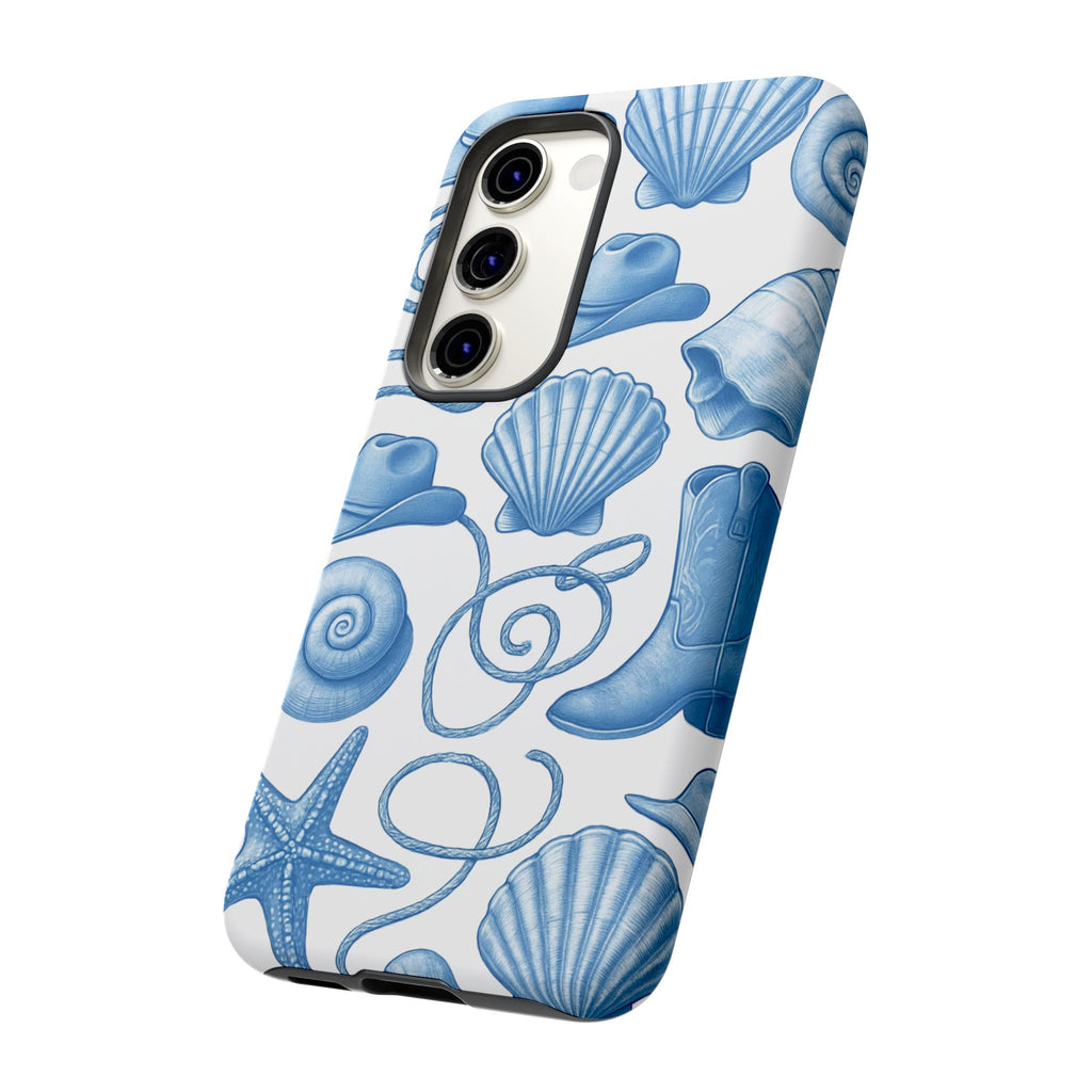 Blue Coastal Cowgirl Phone Case – Seashells, Boots & Beach Vibes