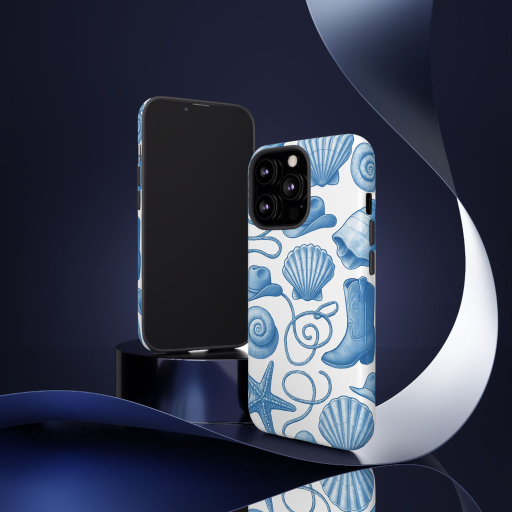 Blue Coastal Cowgirl Phone Case – Seashells, Boots & Beach Vibes