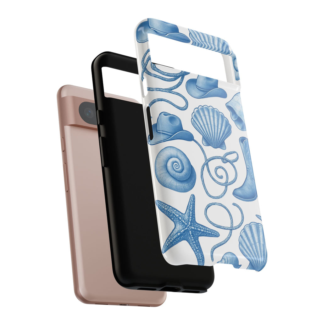 Blue Coastal Cowgirl Phone Case – Seashells, Boots & Beach Vibes