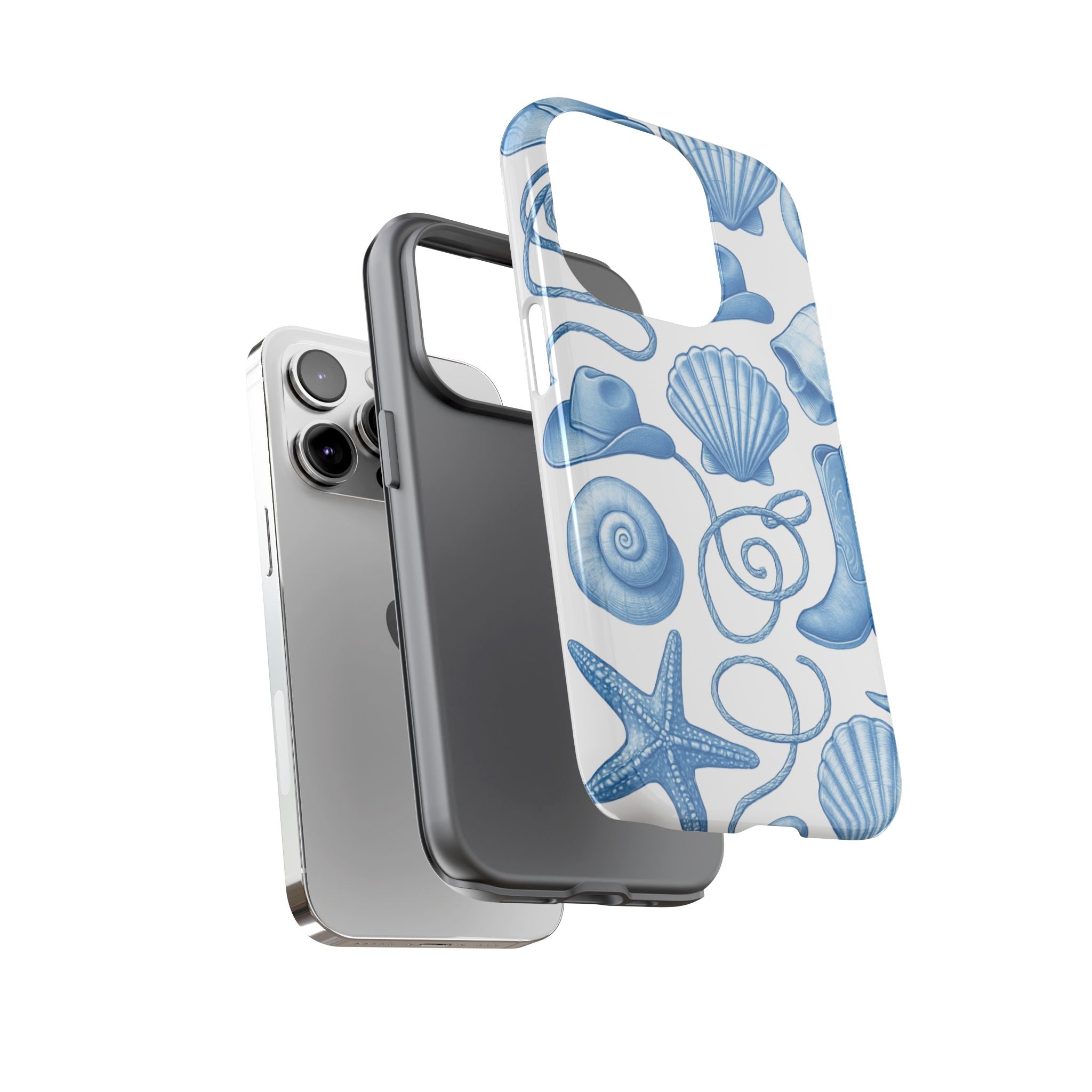 Blue Coastal Cowgirl Phone Case – Seashells, Boots & Beach Vibes