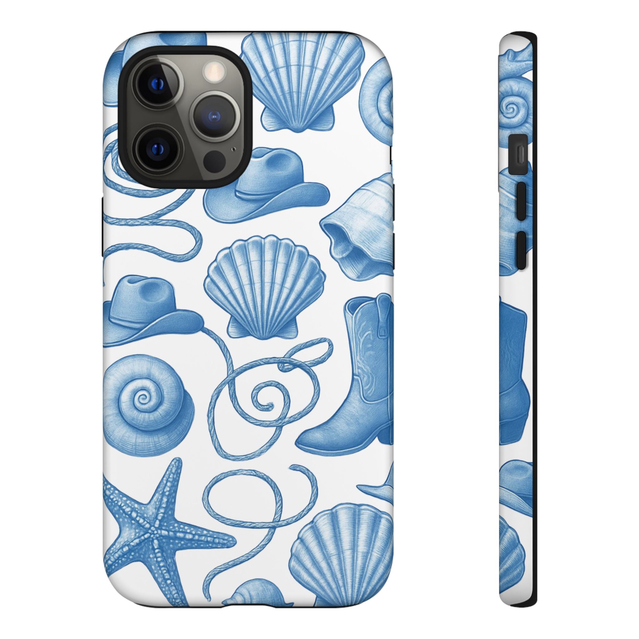 Blue Coastal Cowgirl Phone Case – Seashells, Boots & Beach Vibes