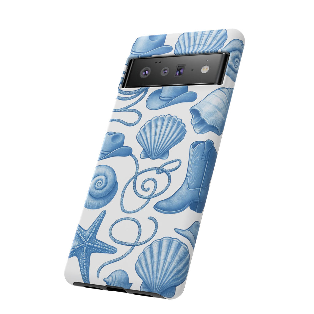 Blue Coastal Cowgirl Phone Case – Seashells, Boots & Beach Vibes