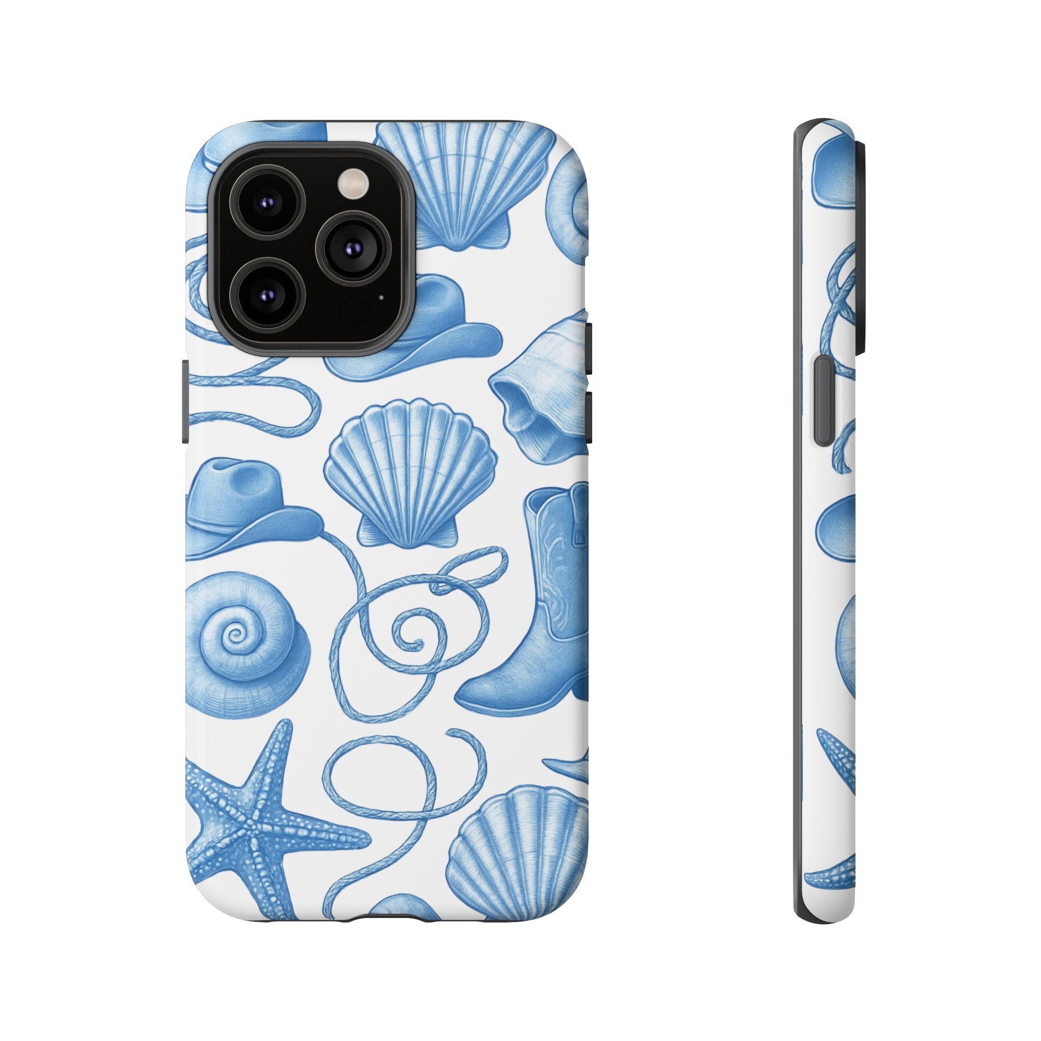Blue Coastal Cowgirl Phone Case – Seashells, Boots & Beach Vibes