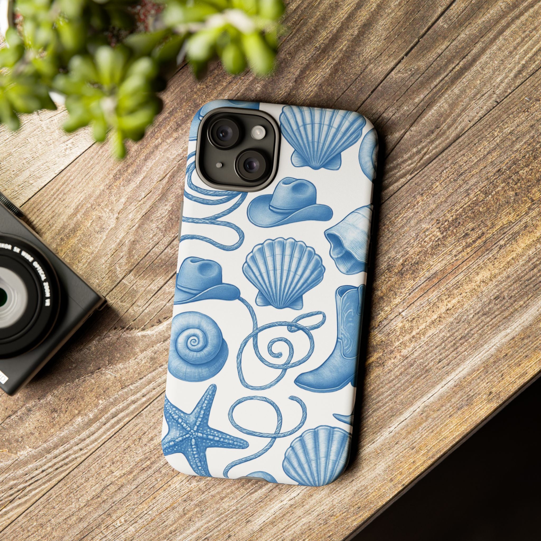 Blue Coastal Cowgirl Phone Case – Seashells, Boots & Beach Vibes