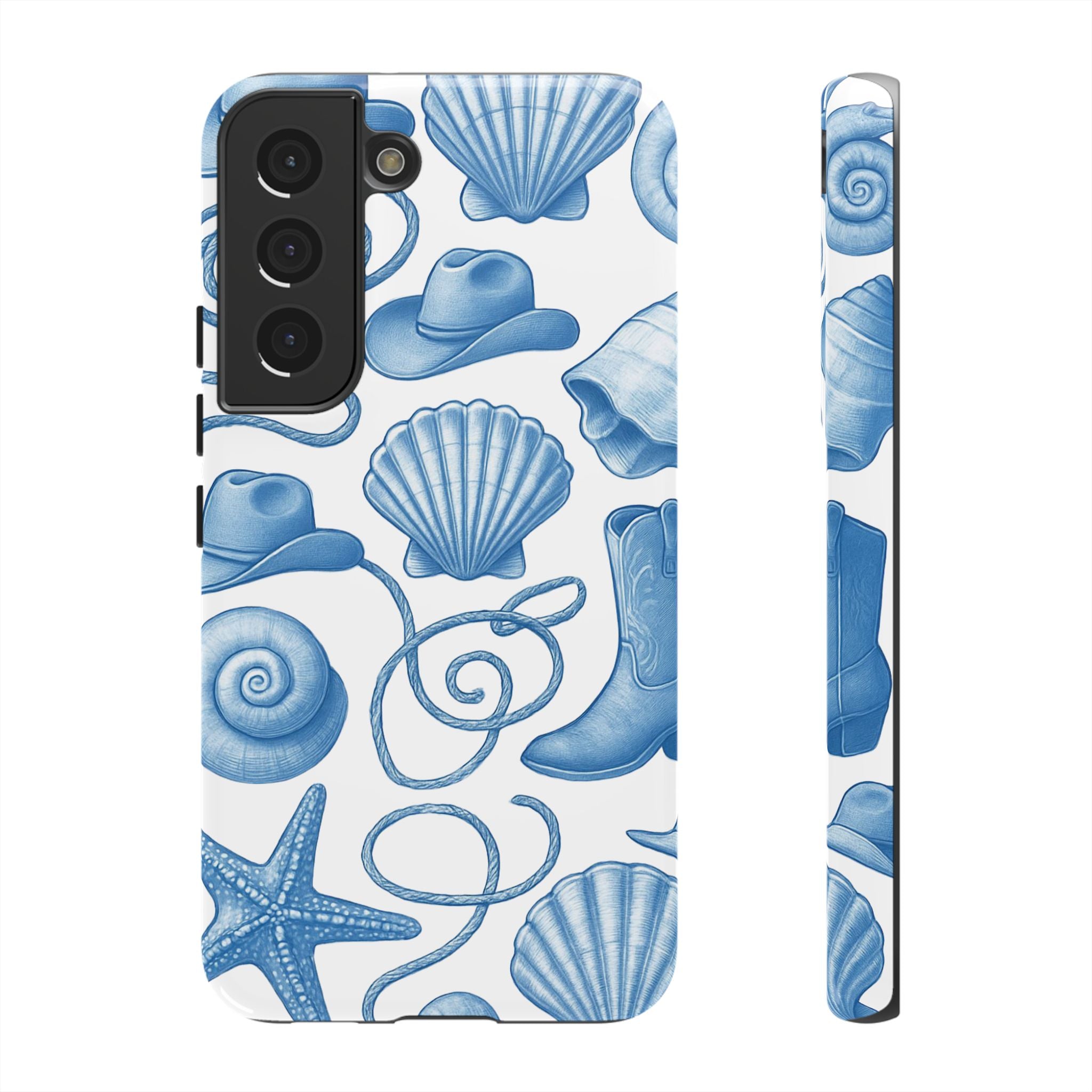 Blue Coastal Cowgirl Phone Case – Seashells, Boots & Beach Vibes