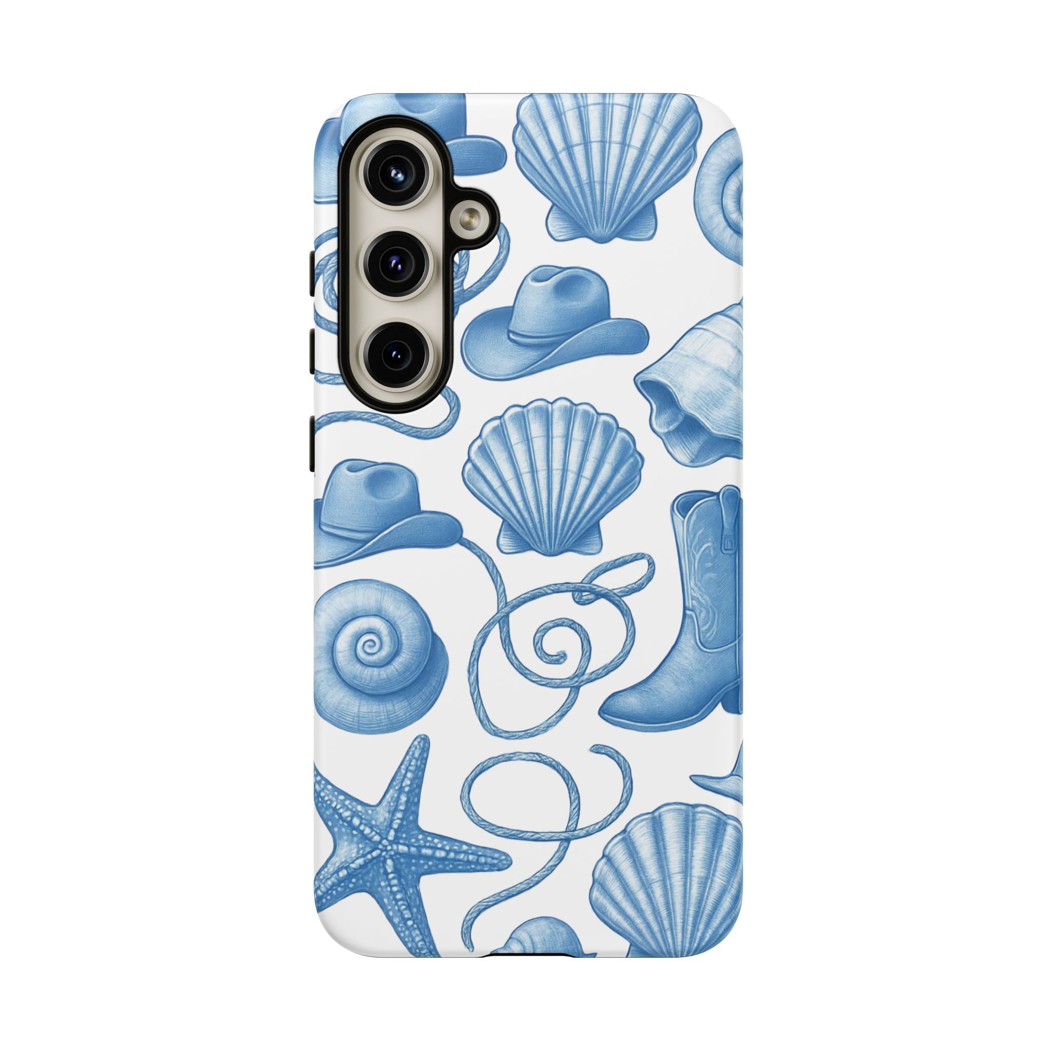 Blue Coastal Cowgirl Phone Case – Seashells, Boots & Beach Vibes