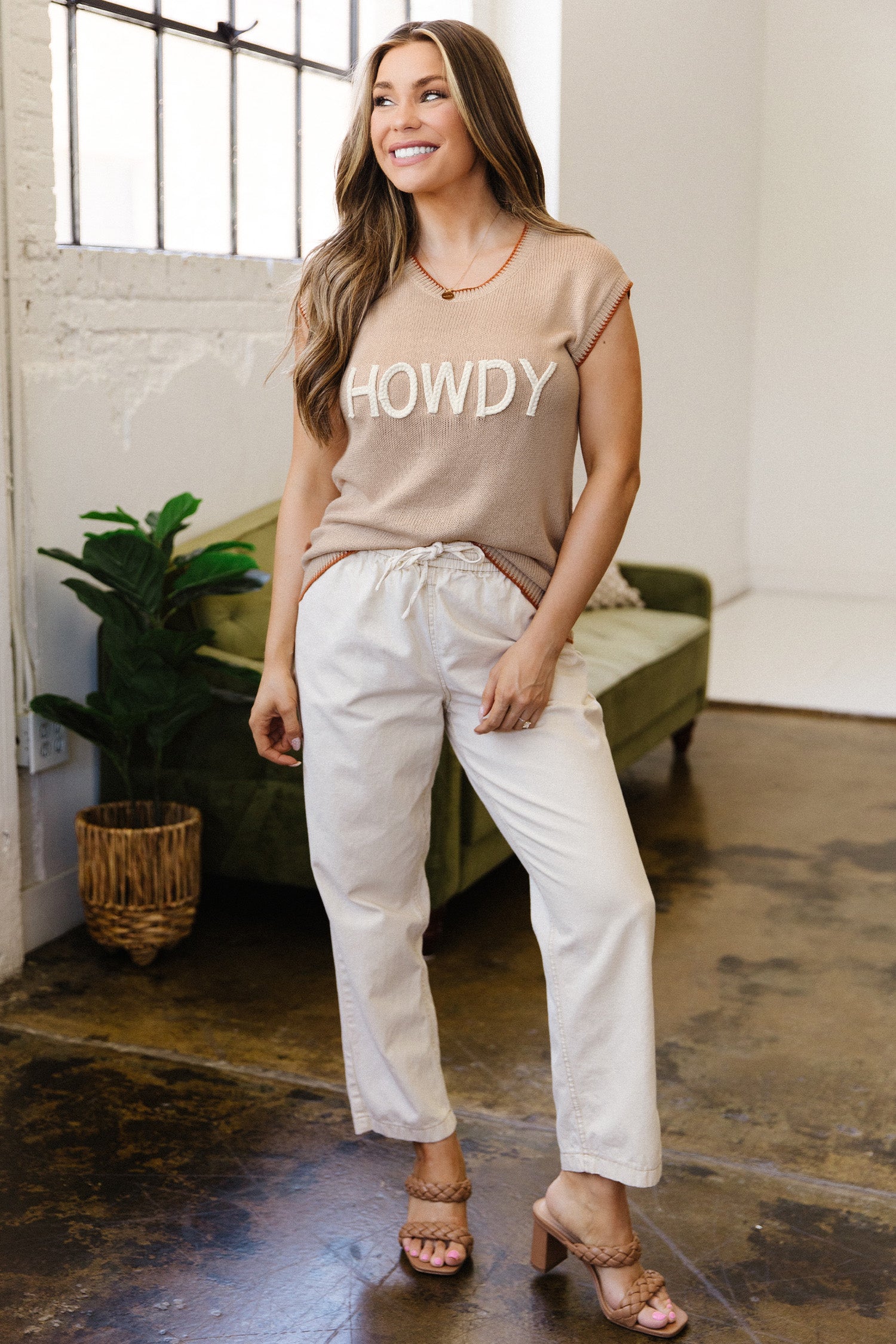 Parchment Contrast Trim Short Sleeve Knit HOWDY Western Sweater