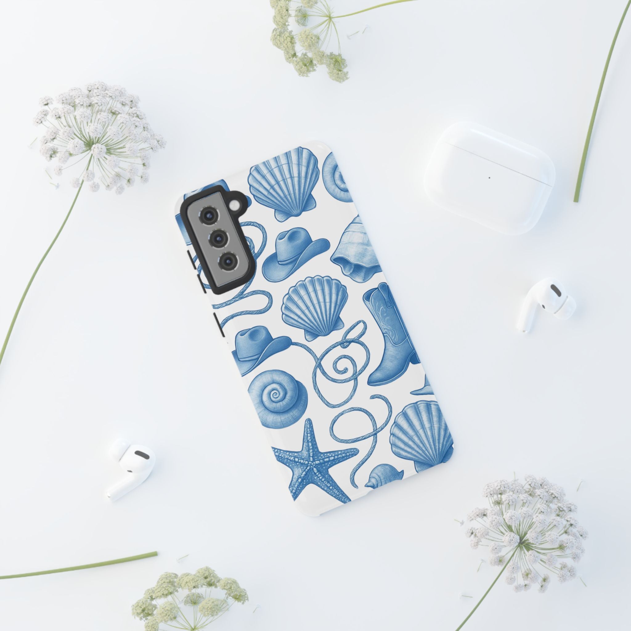 Blue Coastal Cowgirl Phone Case – Seashells, Boots & Beach Vibes
