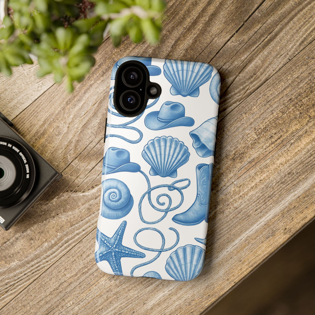 Blue Coastal Cowgirl Phone Case – Seashells, Boots & Beach Vibes