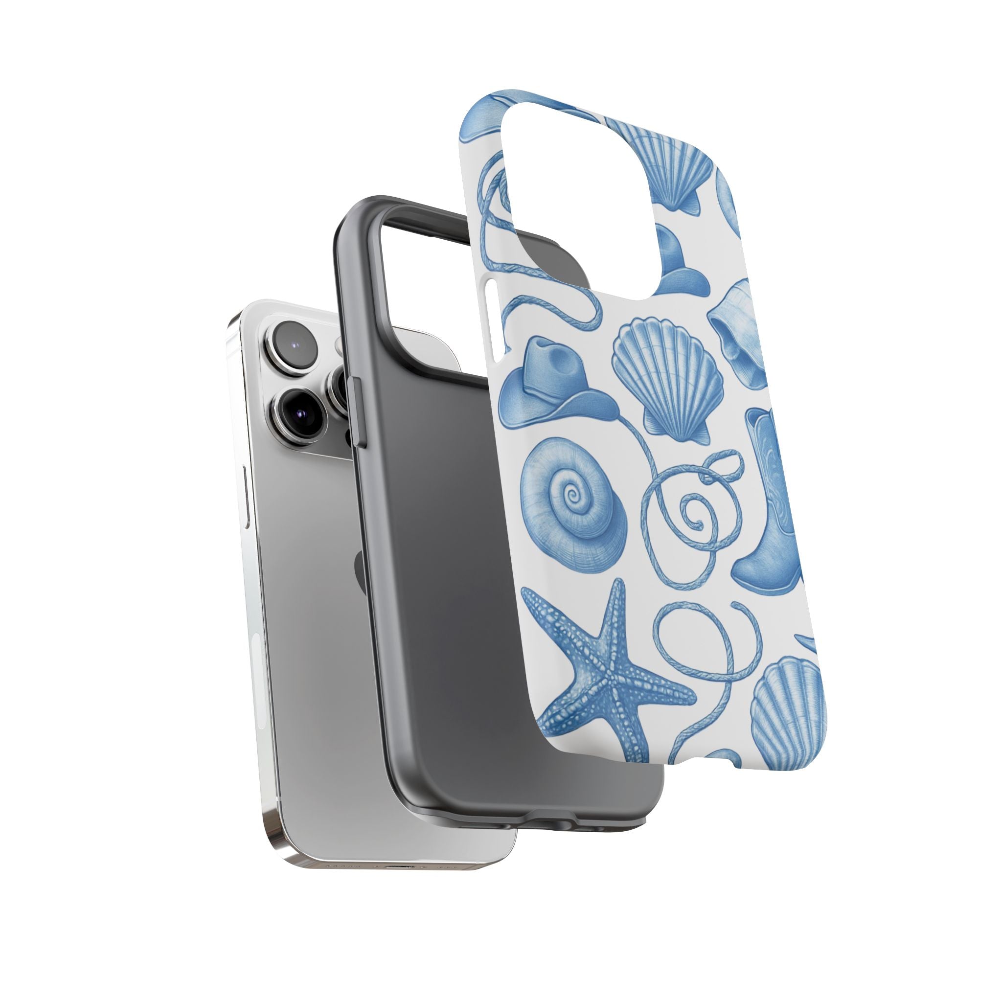 Blue Coastal Cowgirl Phone Case – Seashells, Boots & Beach Vibes
